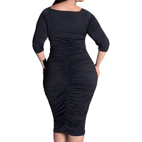 Plus Size Short Sleeve Bodycon Dress V Neck Ruched Wrap Party Midi - Picture 2 of 5